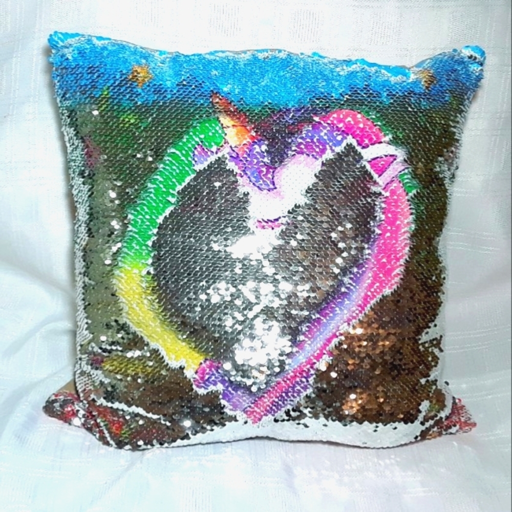 Unicorn Pillow Case Colorful Silver Rainbow Sequins w/ Zipper Kids Home Bedding - Picture 6 of 14